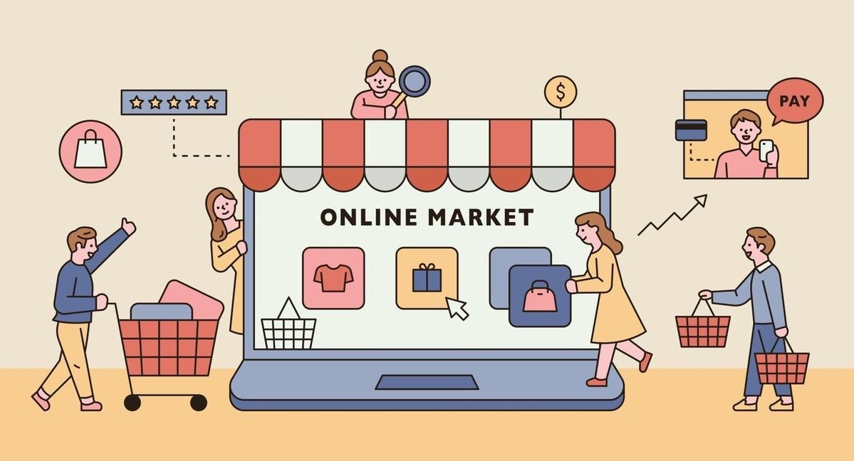 Ilustrasi pengusaha muda menganalisis data penjualan bisnis online di depan laptop
